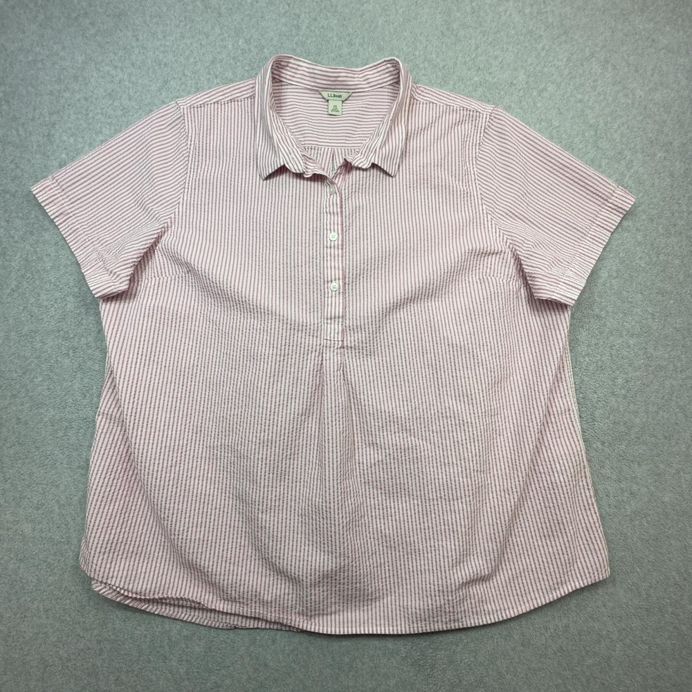 LL Bean Vacationland Seersucker Shirt Womens 1X Plus Pink Stripe Popover Top